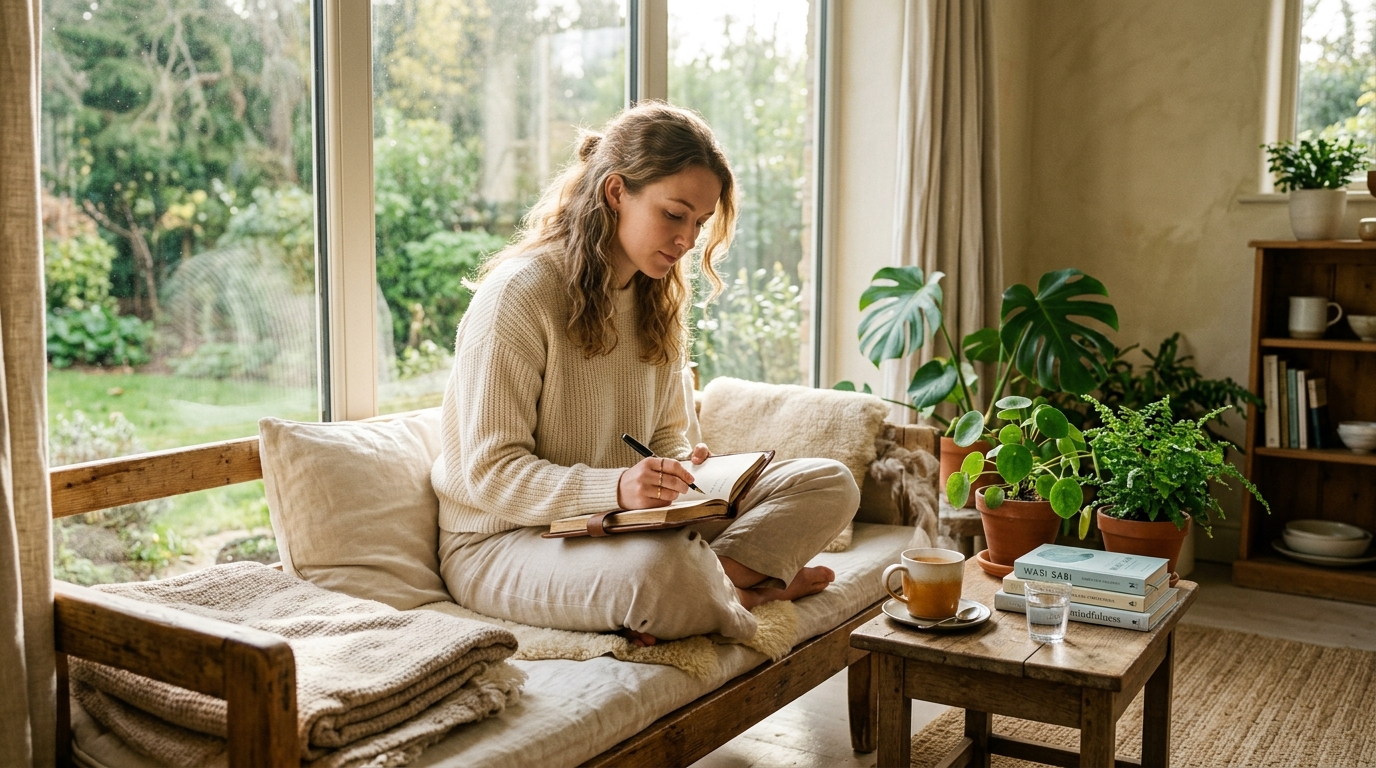 Woman sitting near a window journaling in morning sunlight with tea and house plants