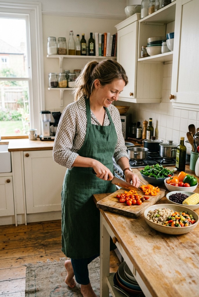 Woman preparing fresh nourishing food in a sunlit kitchen with wholesome ingredients