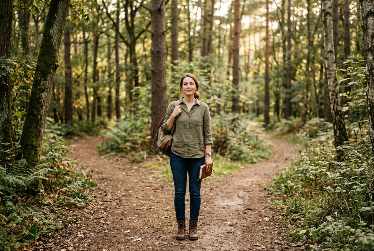 Woman walking mindfully along a quiet forest path contemplating life growth