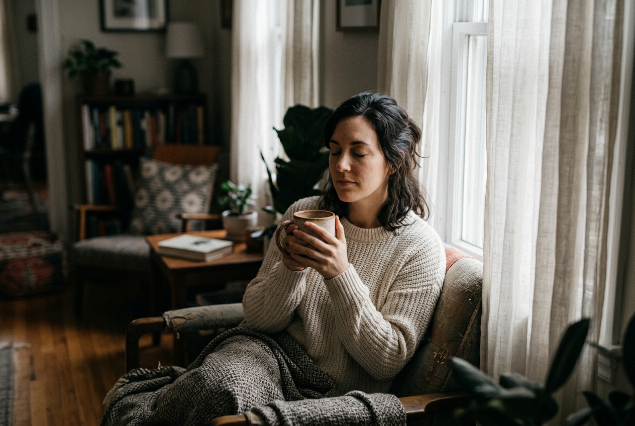 Woman sitting peacefully near an open window practicing mindfulness and gentle breathing