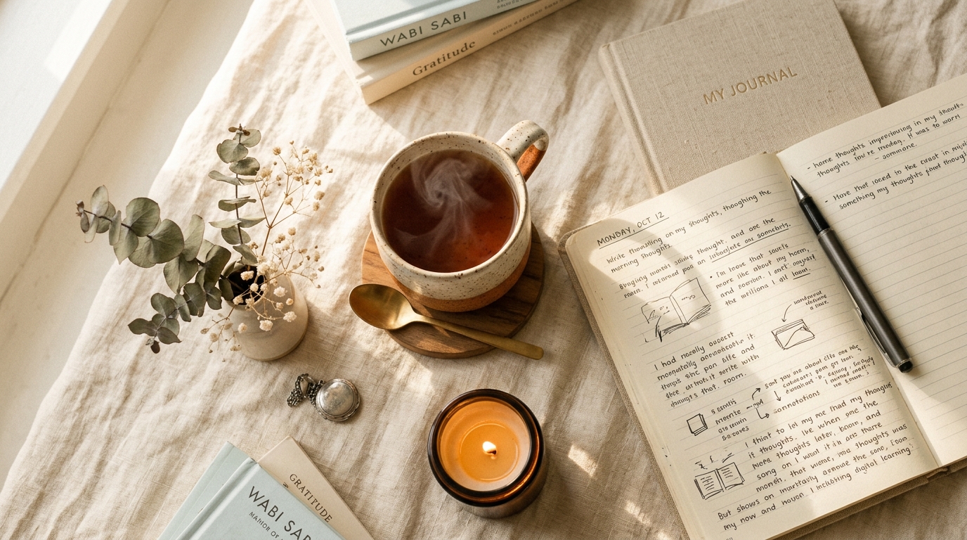 Softly lit flat-lay of warm tea, journal, and candle for a relaxing self-care routine