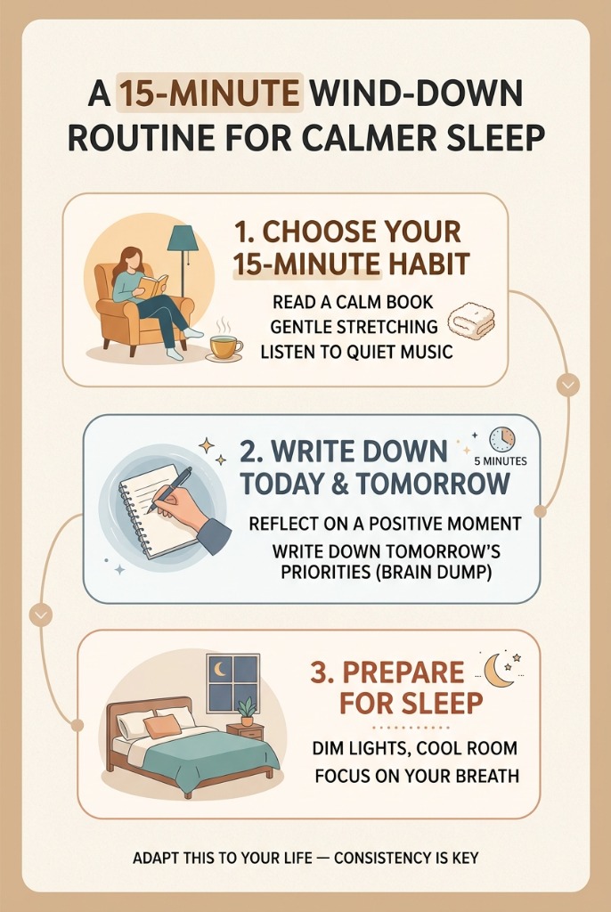 adapting an evening routine to a busy or limited schedule, 15-minute wind-down routine graphic