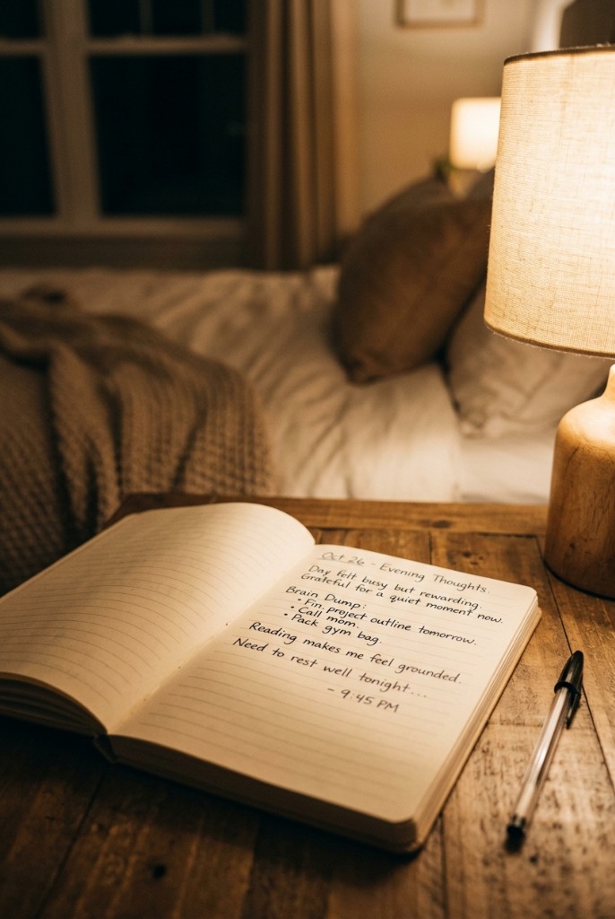 brain dump before bed as part of an evening routine, journal open on nightstand beside a warm lamp
