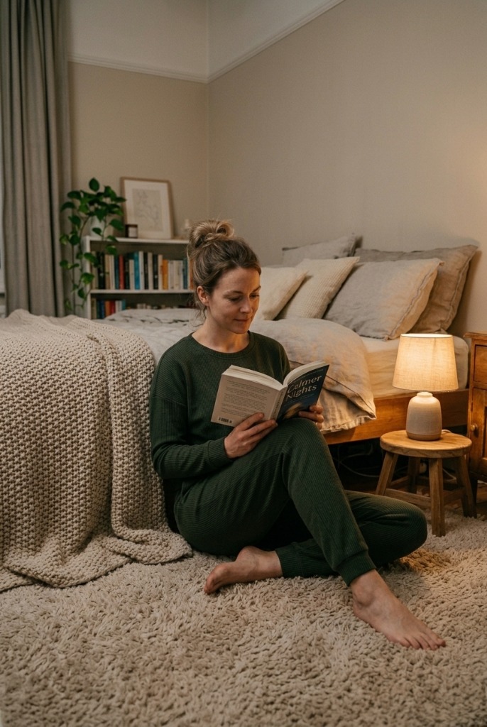 calming pre-bed wind-down activity, woman sitting on a rug reading a book under warm bedside lamp