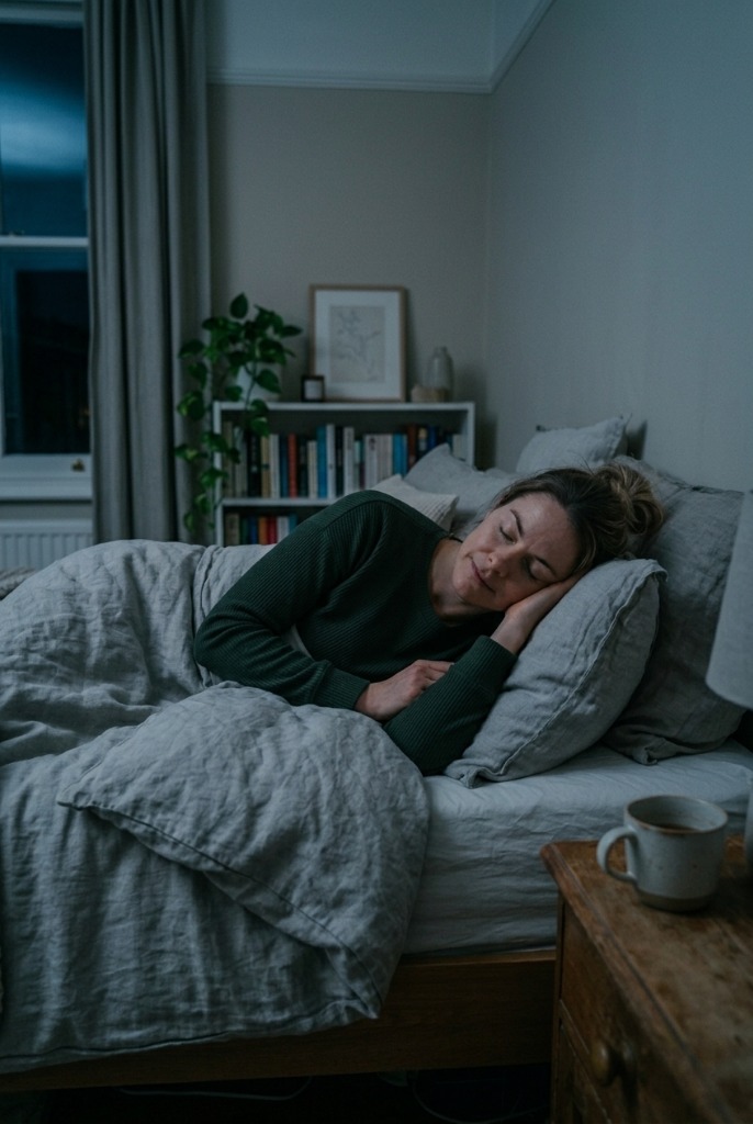 calming technique for falling asleep more easily, woman sleeping peacefully in soft bedding
