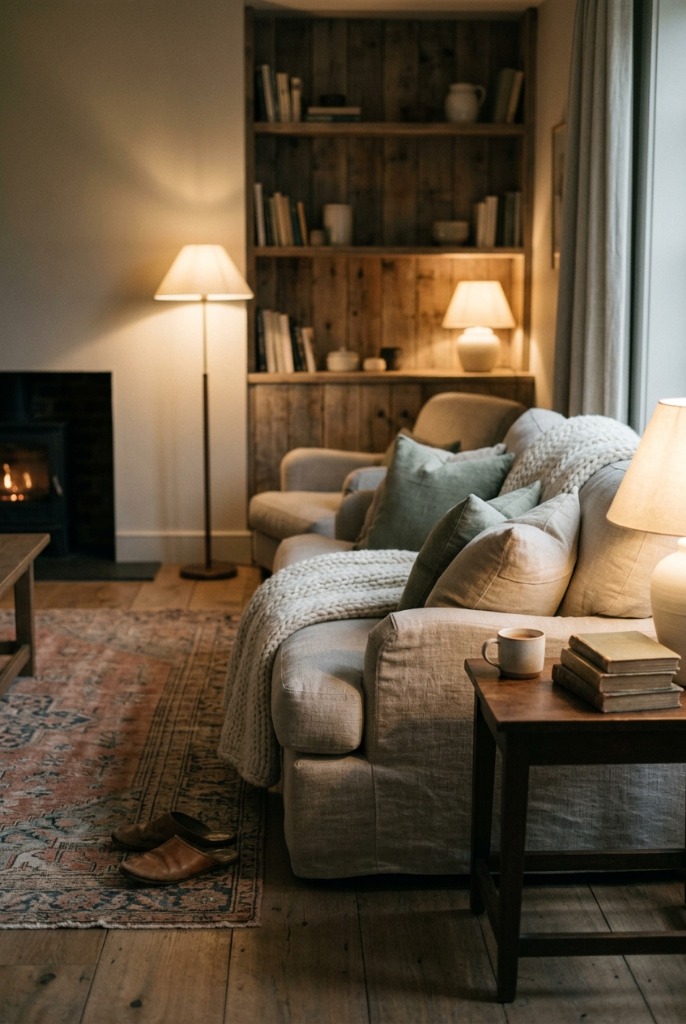 theselfistry reminder for a calmer evening routine, warm quiet living space with soft lamp, knit blanket, and cozy resting atmosphere