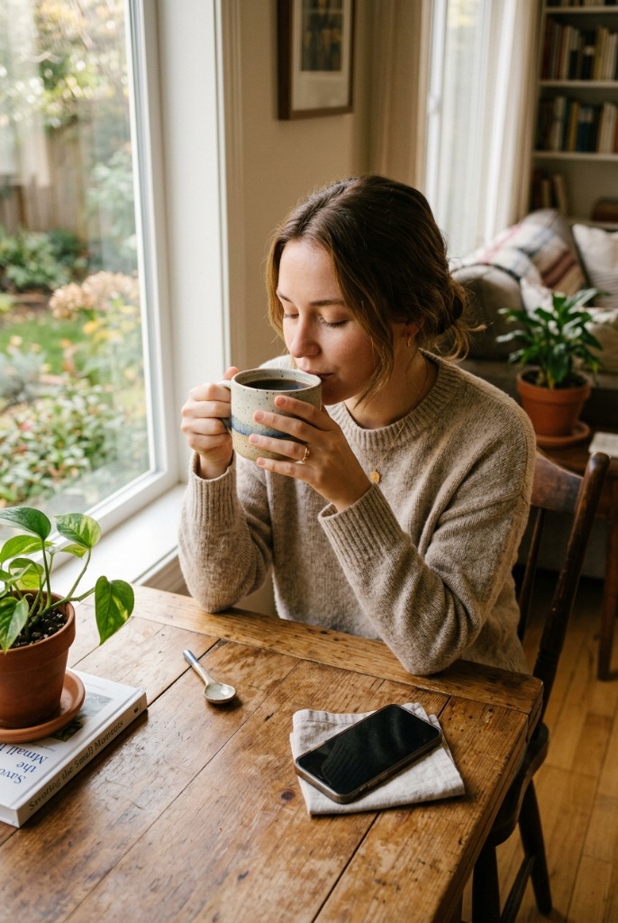 starting a mindful living practice with one small habit, woman drinking coffee slowly
