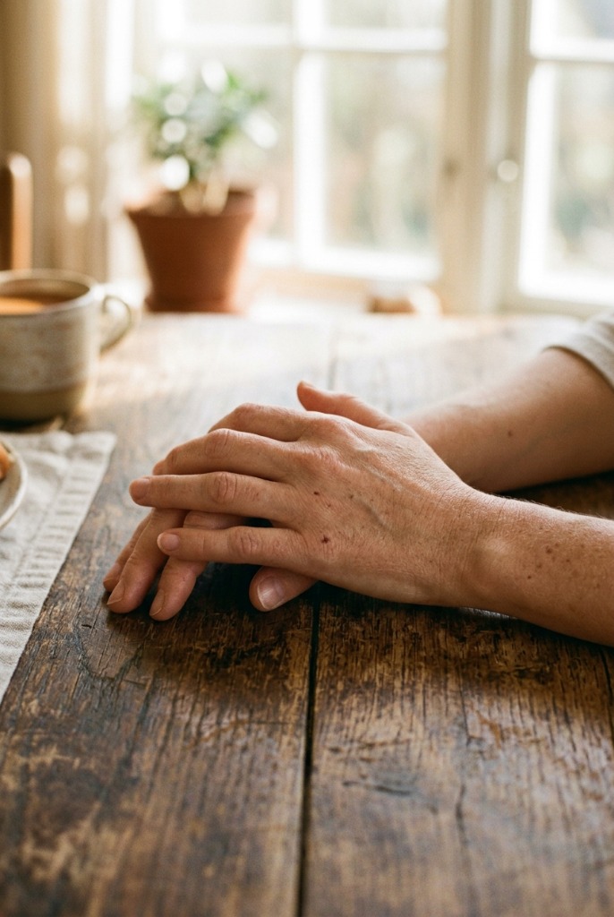 what mindful living actually means, hands resting calmly on a wooden table