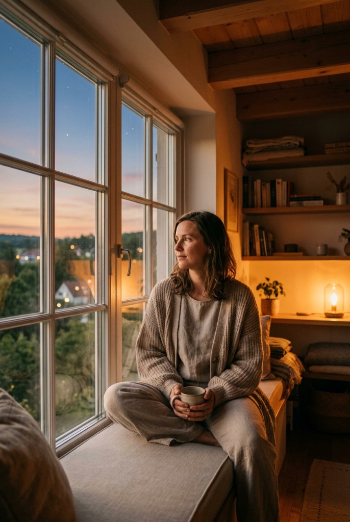 theselfistry reminder for mindful living, woman sitting quietly by window at dusk