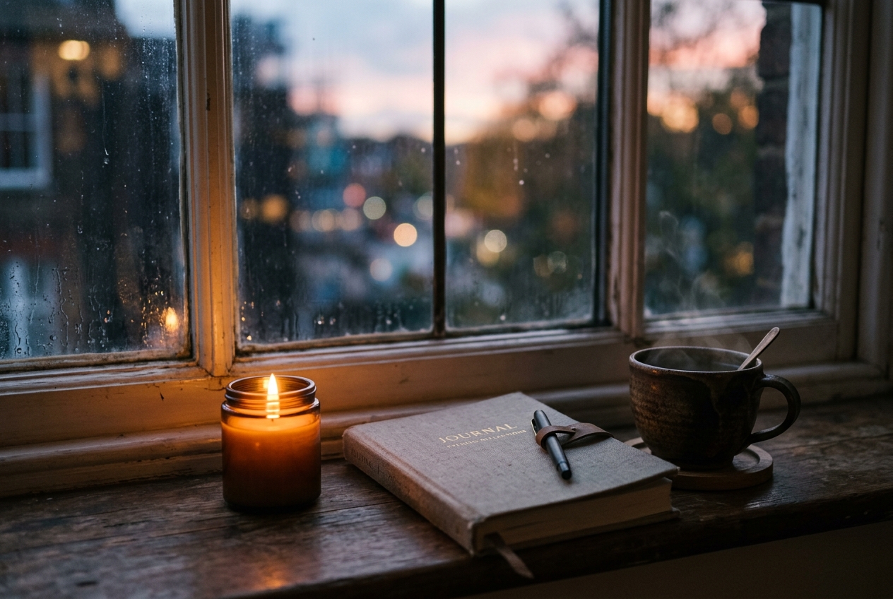 quiet evening moment reflecting the selfistry mindfulness reminder