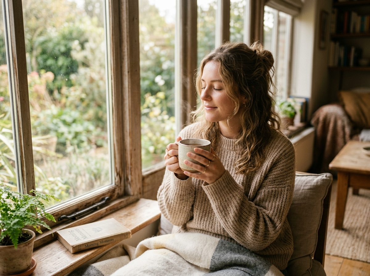 Woman taking a peaceful transition moment with tea by a sunlit window