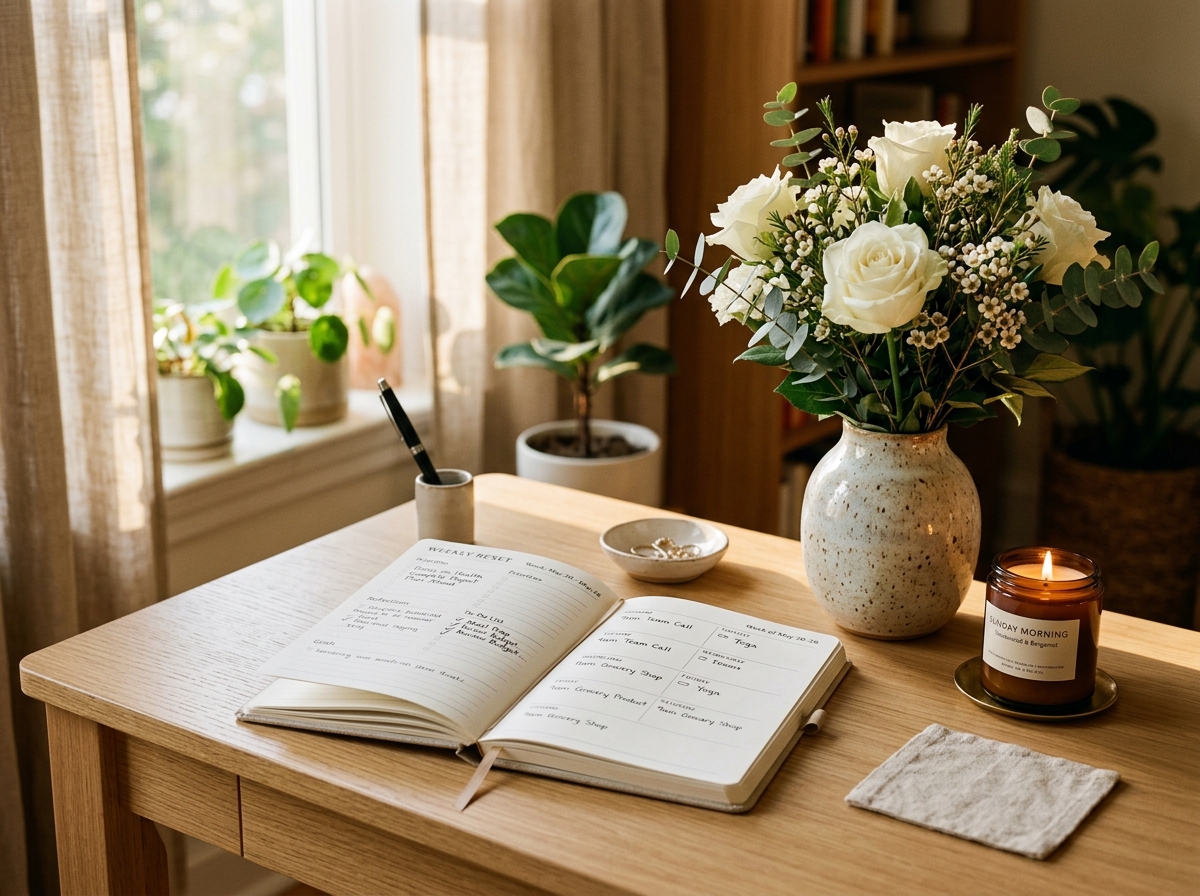 Serene weekly reset desk with planner, flowers, candle, and warm light