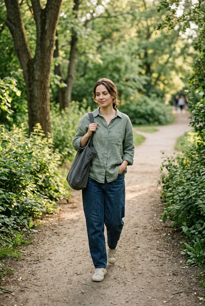 building small buffers between tasks for a slower life, woman walking outdoors